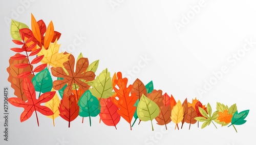 Autumn leaves banner vector illustration. Green, red, orange, brown and yellow falling leaves. Colorful maple, chestnut and oak foliage. October, november seasons. Natural design.
