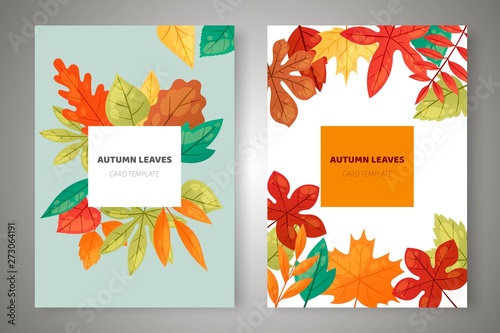 Autumn leaves card templates set of banners vector illustration. Green, red, orange, brown and yellow falling leaves. Colorful maple, chestnut and oak foliage. November season.