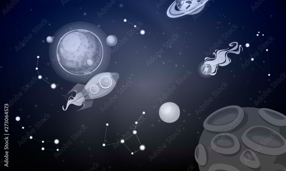 Cosmos with planets banner vector illustration. Spaceship travel to new planets and galaxies. Space trip future technology. onstellation, stars with moon. Rocket in outer space.