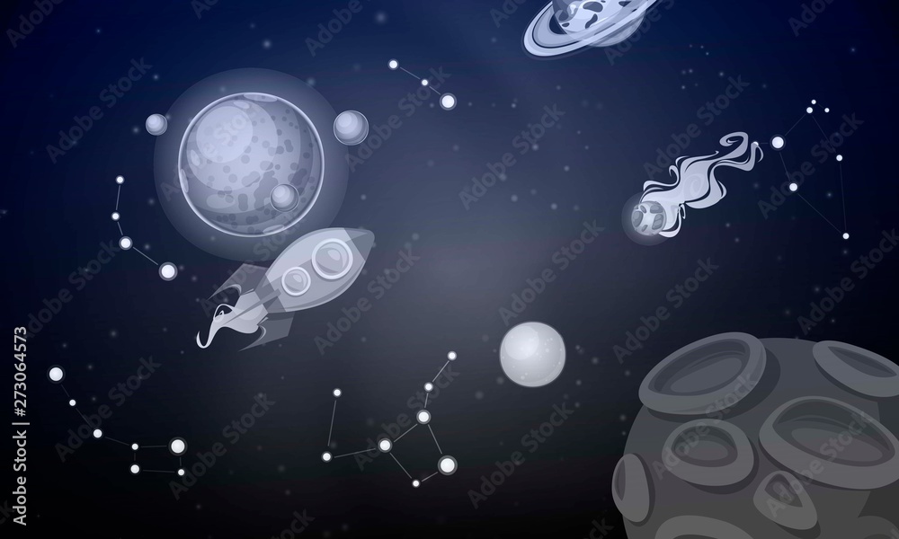 Cosmos with planets banner vector illustration. Spaceship travel to new planets and galaxies. Space trip future technology. onstellation, stars with moon. Rocket in outer space. Cosmos with planets banner vector illustration. Spaceship travel to new planets and galaxies. Space trip future technology. onstellation, stars with moon. Rocket in outer space.