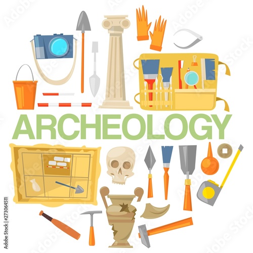 Archaeology icon set banner vector illustration. Archaeological tools, ancient artifacts isolated on white background. Supplies and tools for excavations such as gloves, brush.