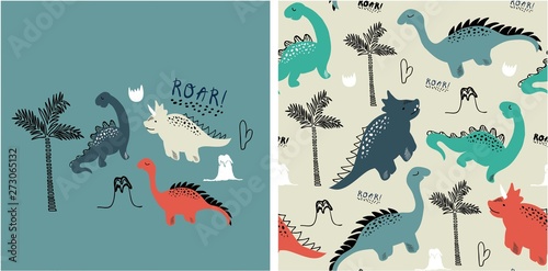 set of cute dinosaur print and seamless pattern with dinosaurs. vector illustration
