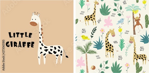set of cute giraffe print and seamless pattern with giraffes.vector illustration