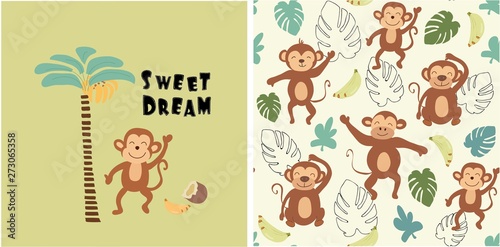 set of monkey print and seamless pattern with monkeys.vector