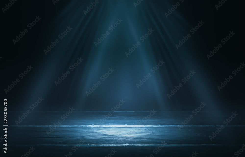 Empty background scene. Dark street reflection on the wet pavement. Rays neon light in the dark, neon figures, smoke. Night view of the street, the city. Abstract dark background. Empty background scene. Dark street reflection on the wet pavement. Rays neon light in the dark, neon figures, smoke. Night view of the street, the city. Abstract dark background.