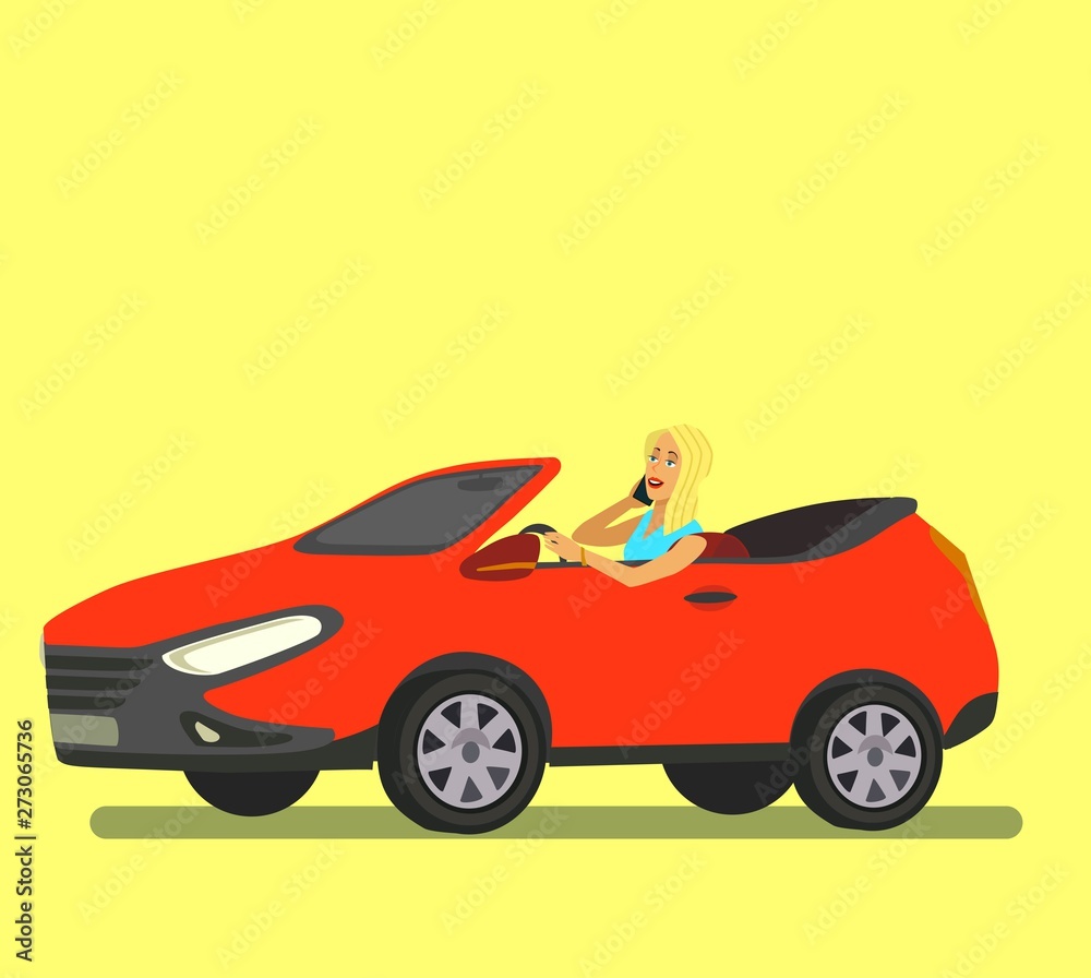 Obraz premium Happy Lady in Car .Driving Courses, Auto Salon Design Element . Vector illustration,