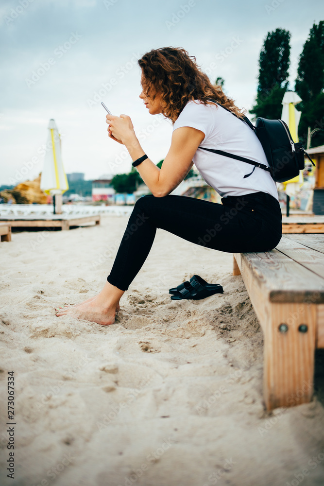 Side view young woman wearing white t-shirt