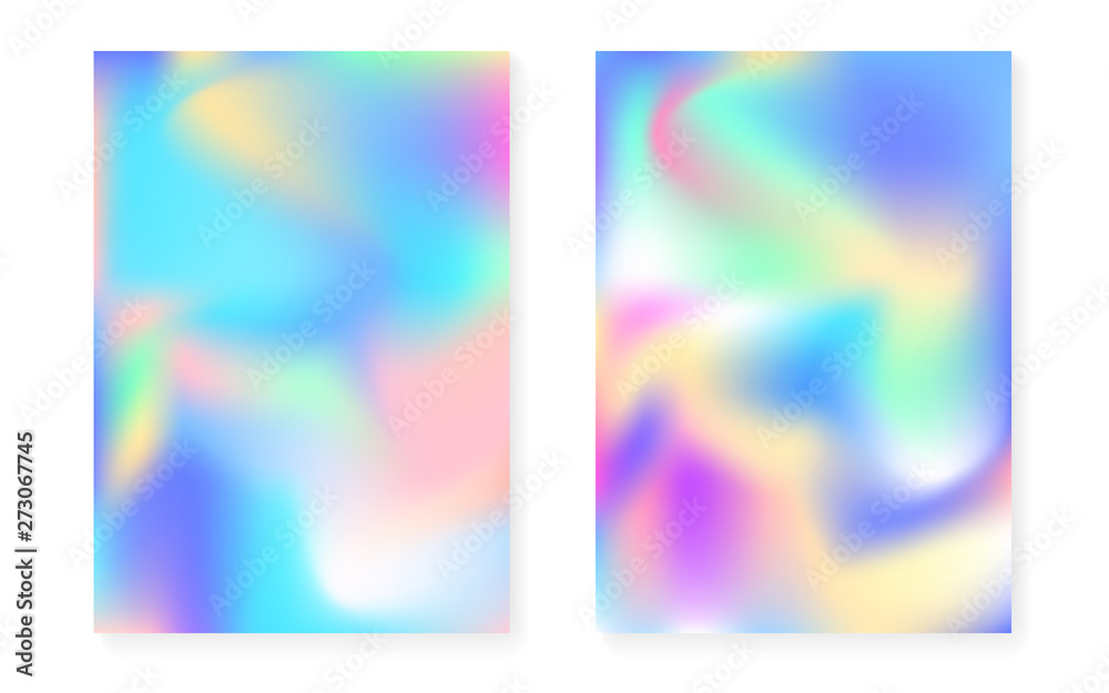 Hologram gradient background set with holographic cover. 90s, 80s retro style. Iridescent graphic template for book, annual, mobile interface, web app. Plastic minimal hologram gradient.