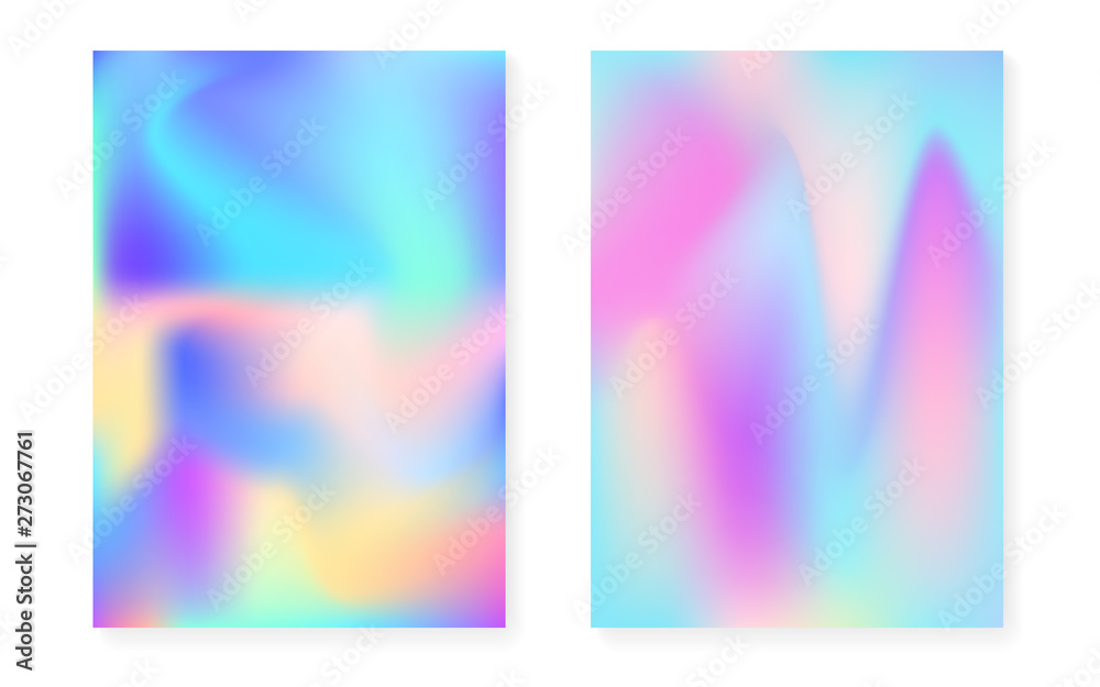 Holographic cover set with hologram gradient background. 90s, 80s retro style. Pearlescent graphic template for brochure, banner, wallpaper, mobile screen. Vibrant minimal holographic cover.