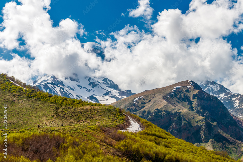 Mountains of Georgia. The picturesque landscape, Mount Kazbek.