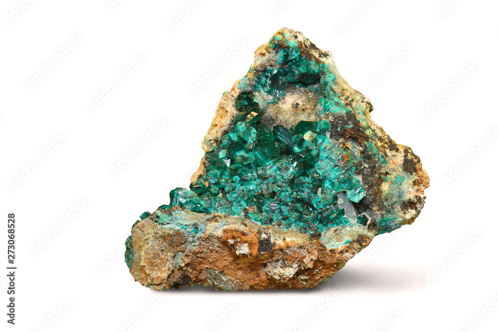 Dioptase from Mindouli, Congo, isolated on white.