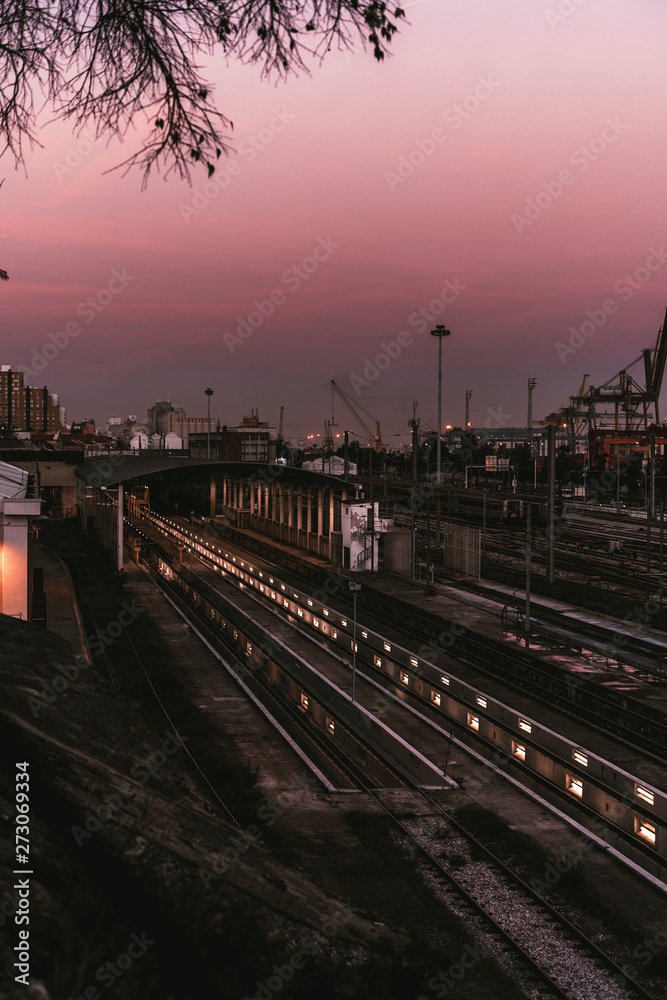 Vertical view of a modern railway depot during a lilac sunset in the dusk, with most of railroad tracks empty, with sequences of lights stretching into a hangar; port and dock area in the background