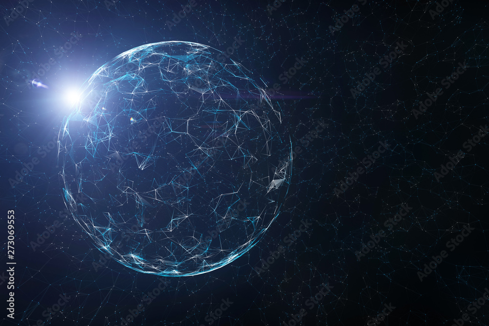Artistic shiny sphere on conceptual technology and science cyberspace copy space background. 3d illustration.