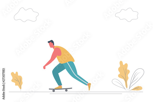 Skateboarder on skateboard in the park. There is also plants and clouds in the picture. The concept of sports lifestyle. Funny flat style. Vector illustration