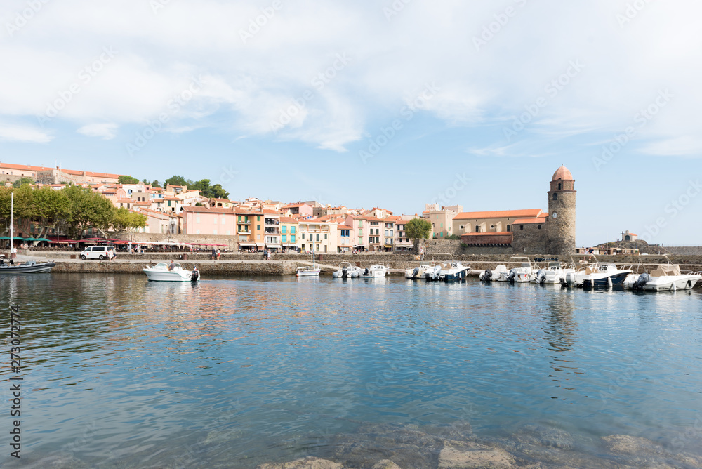 Old town of Collioure, France, a popular town on Mediterranean sea, view of the habor and church