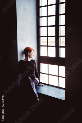 Red haired woman, sofa, arm-chair and silhouette on the window © Natalia