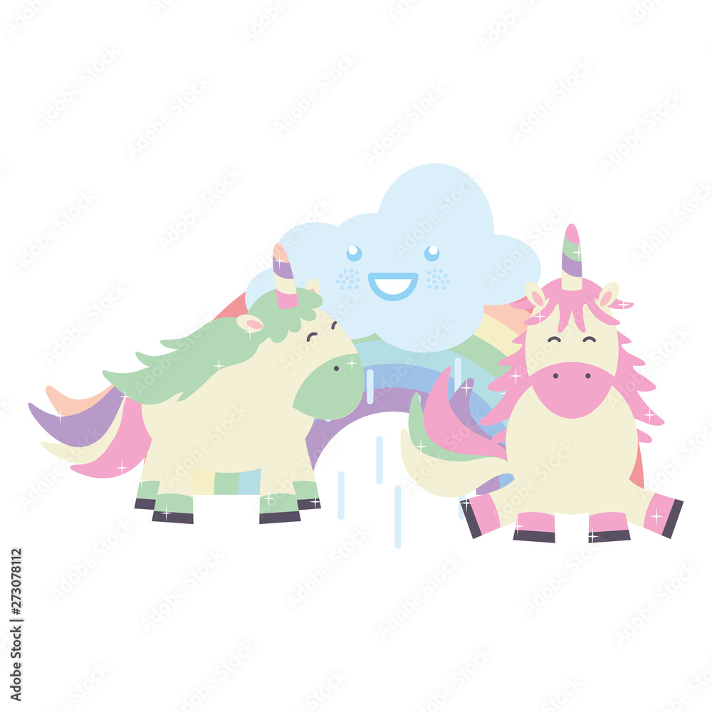 cute adorable unicorns with clouds and rainbow kawaii