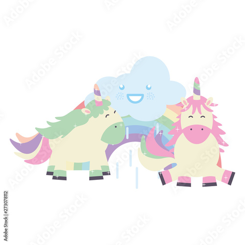 cute adorable unicorns with clouds and rainbow kawaii