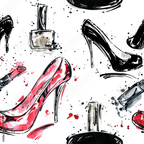 Watercolor seamless pattern. Fashion illustration. Vector.