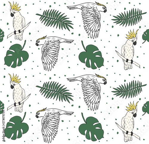 Vector seamless pattern of hand drawn doodle sketch cockatoo parrot and palm leaves isolated on white background 
