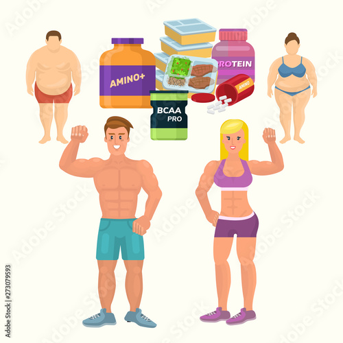 Flat style colorful cartoon illustration of fat man and woman before and bodybuilder man and athletic girl after with cans of whey and casein protein.