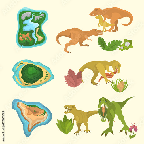 Set of dinosaurs including T-rex  Brontosaurus  Triceratops  Velociraptor  Allosaurus  prehistorical islands and floras. Isolated vector illustration.