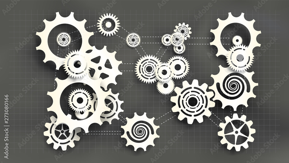 Paper cut style white gears and cogs on gray blueprint chalkboard background. Size ratio 1920x1080px. EPS10, VECTOR, Illustration. EPS10, VECTOR, Illustration.
