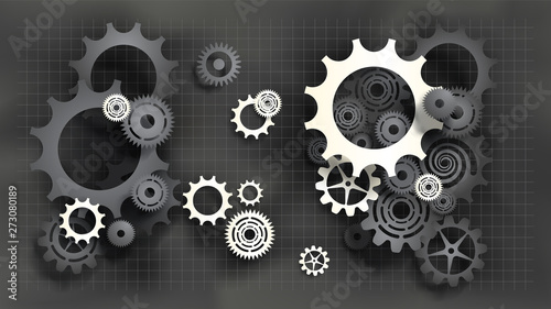 Paper cut style black and white gears and cogs on gray blueprint chalkboard background. Size ratio 1920x1080px. EPS10, VECTOR, Illustration. EPS10, VECTOR, Illustration.
