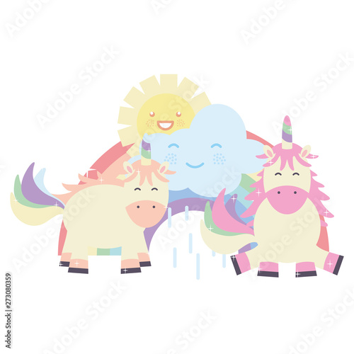 cute unicorns in rainbow with clouds and sun kawaii characters