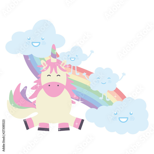 cute unicorn with clouds and rainbow kawaii characters © Stockgiu
