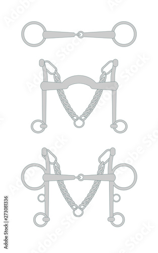 Vector flat cartoon set collection of horse equestrian bit snaffle isolated on white background