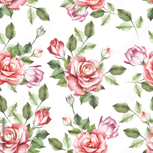 Seamless pattern with roses. Hand draw watercolor illustration.