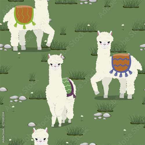 Seamless texture with cute alpacas grazing on the meadow. Vector pattern.