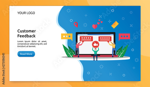 flat vector web page concept design with online review idea. tiny man give positive feedback and rating to laptop browser screen. Thumb up, stars line icons. Landing page, mobile app, UI, UX, site