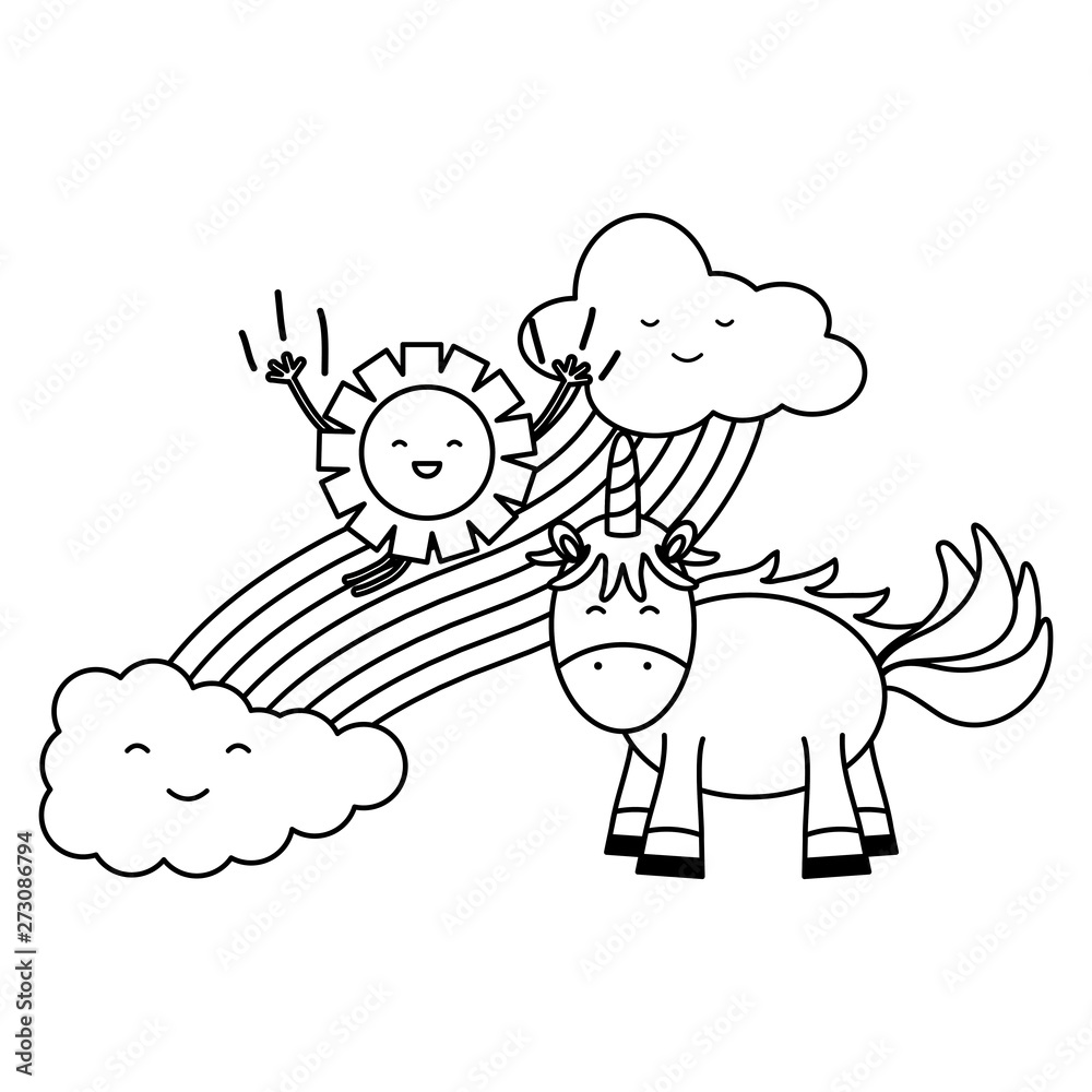 cute unicorn in rainbow with clouds and sun kawaii characters cute unicorn in rainbow with clouds and sun kawaii characters