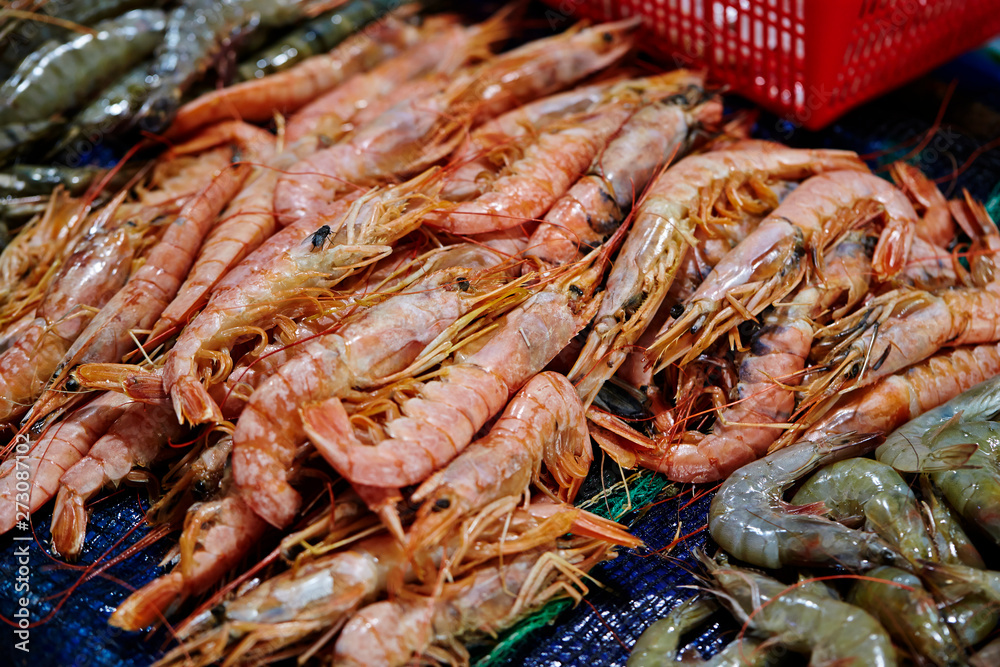 Fresh shrimps at fish market 