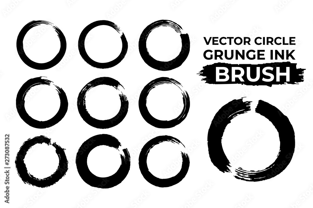 Grunge circle ink brush vector set, enzo dry brush circle stroke brush set