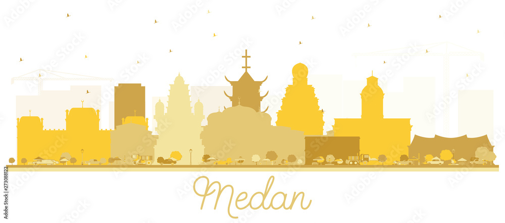 Medan Indonesia City Skyline Silhouette with Golden Buildings Isolated on White.