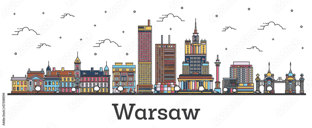 Outline Warsaw Poland City Skyline with Color Buildings Isolated on White.