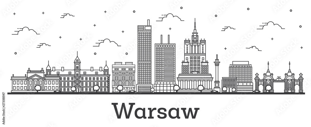 Fototapeta premium Zarys panoramę miasta Warszawa Polska z nowoczesnych budynków na białym tle.