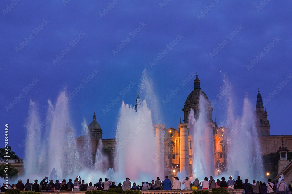 Magic Montjuic Fountain.Water and lights show in Barcelona, Spain