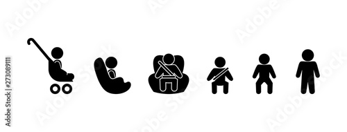 baby icon, set of pictograms child sits in a car seat