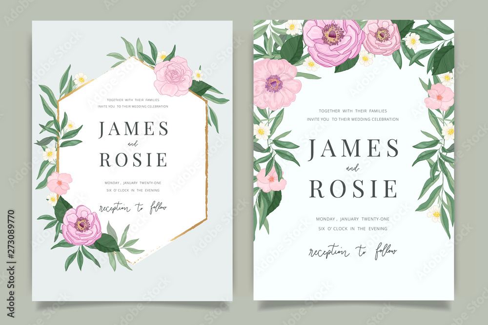 Wedding Invitation, floral invite thank you, rsvp modern card Design in Gold Peony with red berry and leaf greenery branches decorative Vector elegant rustic template Wedding Invitation, floral invite thank you, rsvp modern card Design in Gold Peony with red berry and leaf greenery branches decorative Vector elegant rustic template