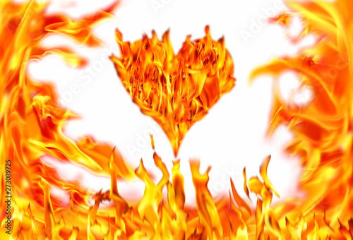 Conceptual image of burning heart shape and fire flames