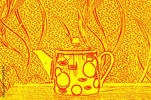The schematic image of the kettle on the background of an abstract pattern.