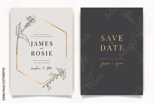 Golden gray Wedding Invitation, floral invite thank you, rsvp modern card Design in Gold Peony with red berry and leaf greenery  branches decorative Vector elegant rustic template
