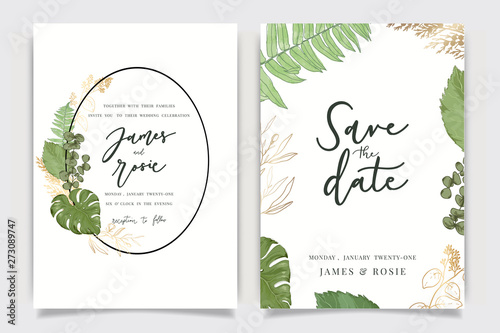 Tropical summer Wedding Invitation  floral invite thank you  rsvp modern card Design in leaf greenery  branches decorative Vector elegant rustic template