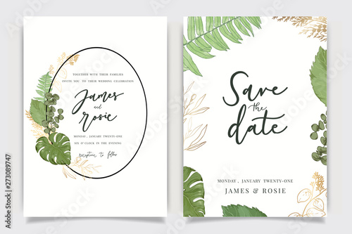 Tropical summer Wedding Invitation, floral invite thank you, rsvp modern card Design in leaf greenery  branches decorative Vector elegant rustic template