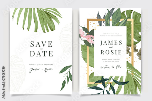 Tropical summer Wedding Invitation, floral invite thank you, rsvp modern card Design in leaf greenery  branches decorative Vector elegant rustic template