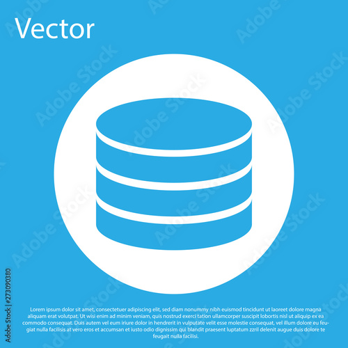 Blue Database icon isolated on blue background. Network databases, disc with progress bar. Backup concept. White circle button. Flat design. Vector Illustration